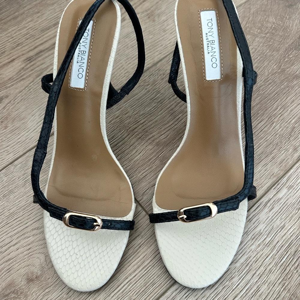 Tony Bianco Black and Cream Strappy Heels - Picture 3 of 4